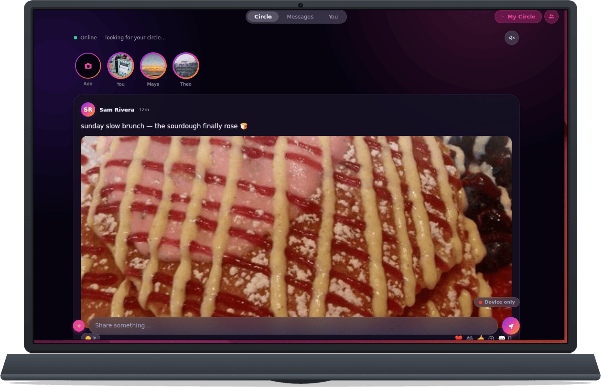 Haven running on a Linux laptop — the circle feed in the desktop app