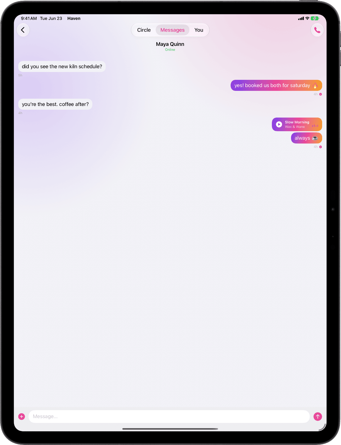 Haven conversation thread on iPad — a private message thread with reactions