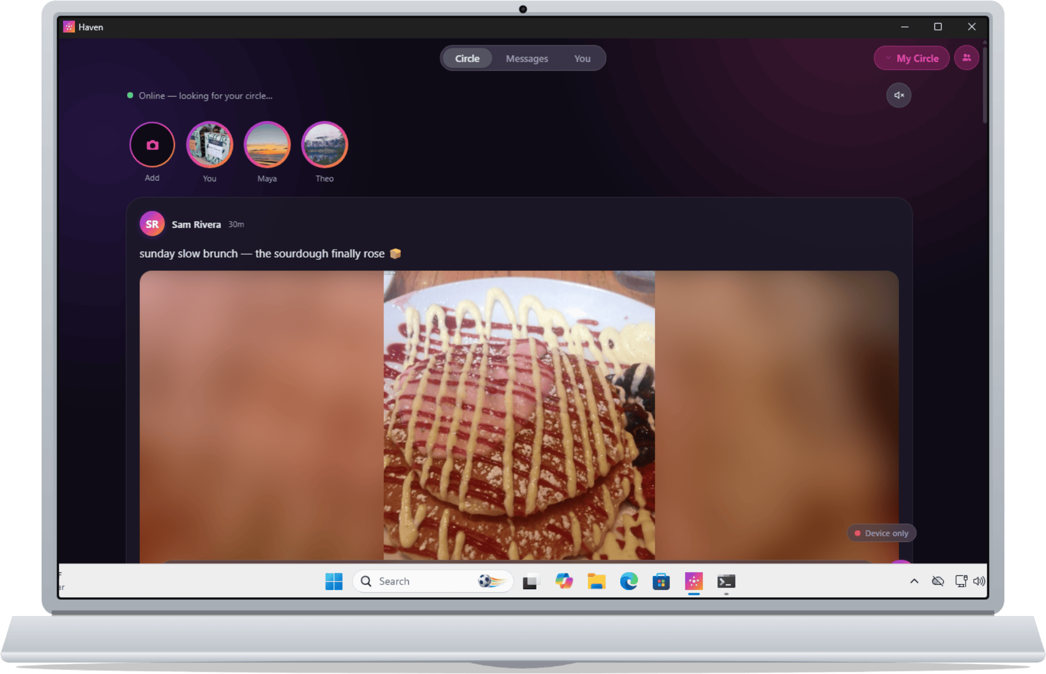 Haven running on a Windows laptop — the circle feed in the desktop app